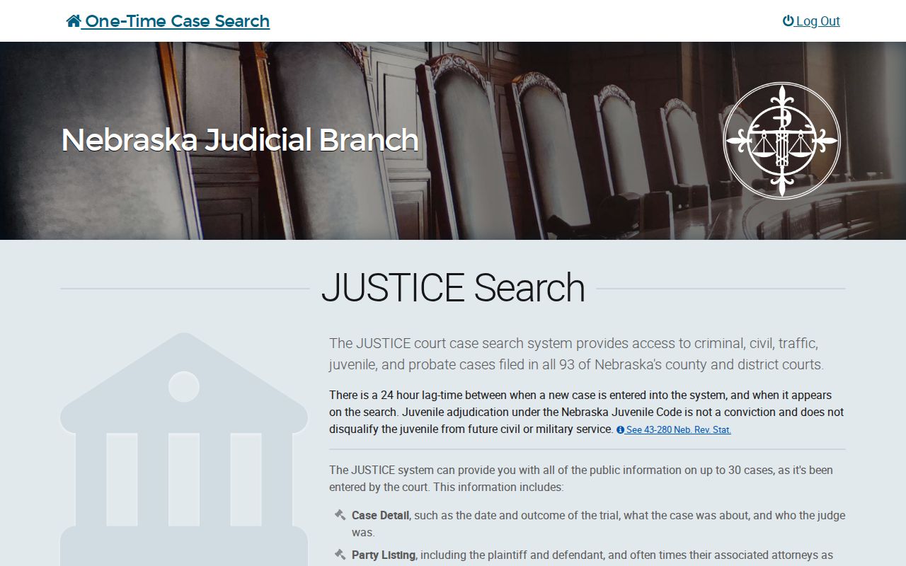 Webster County case lookup JUSTICE one-time search terms screen