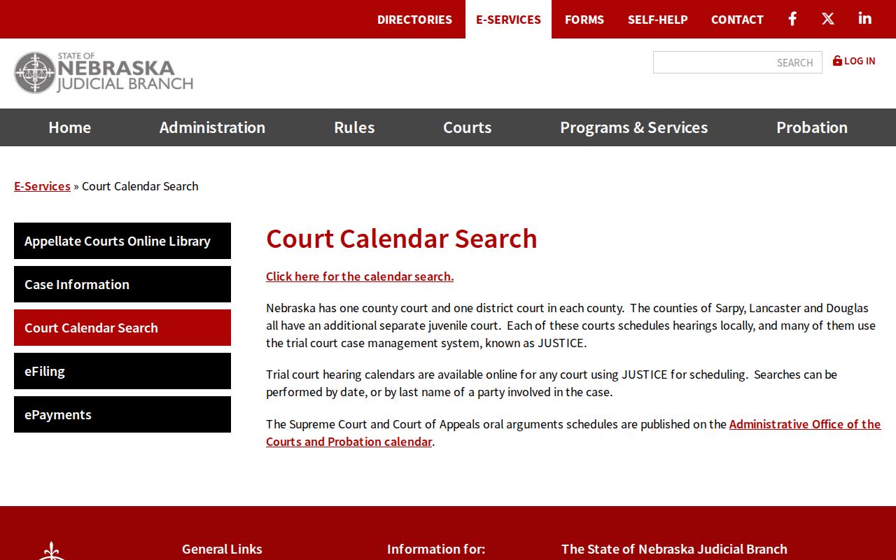Webster County court calendar landing page for hearing dates