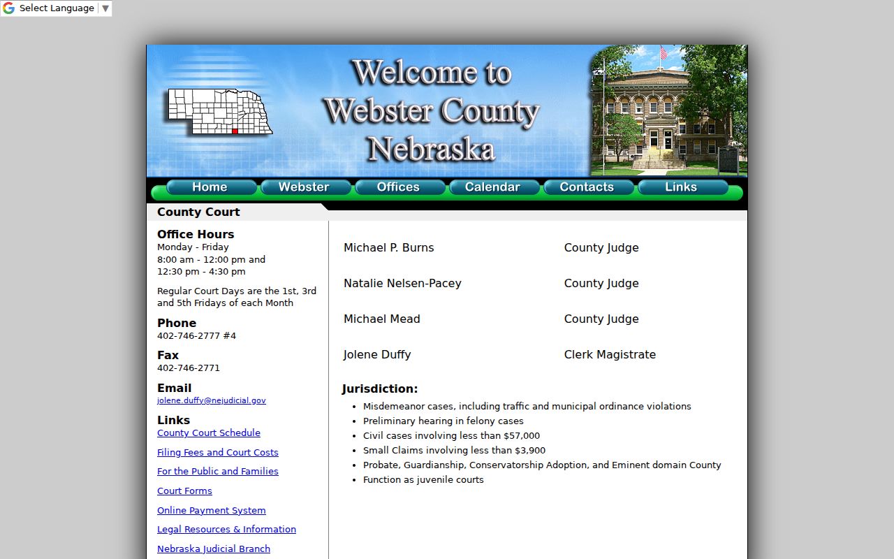Webster County court docket County Court office information